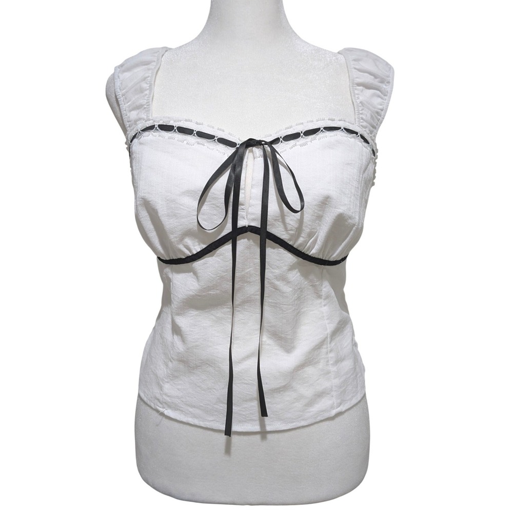 White Milkmaid Top Black Ribbon Trim Smocked Back Coquette Cottagecore Summer L